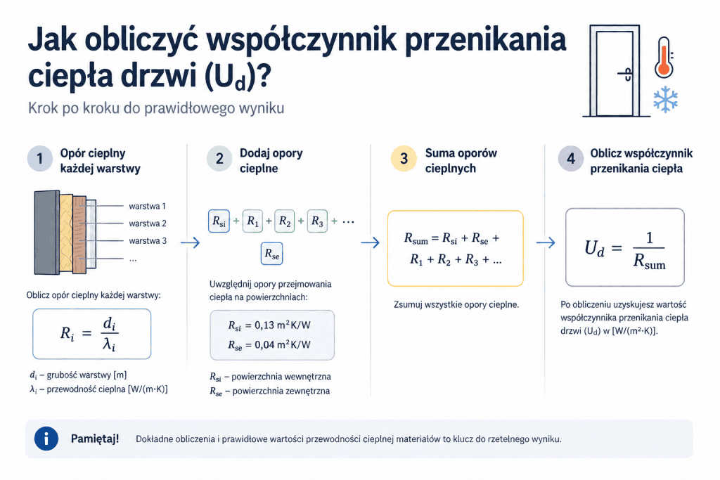 infografika przedstawiająca sposób obliczania współczynnika przenikania ciepła w drzwiach